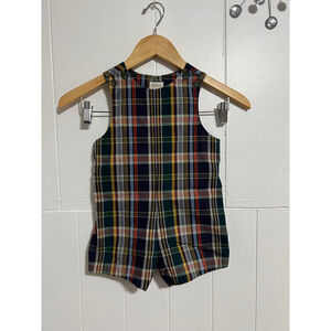 Vintage Boys Merry Mites Plaid Romper Size 4 Navy Green Red